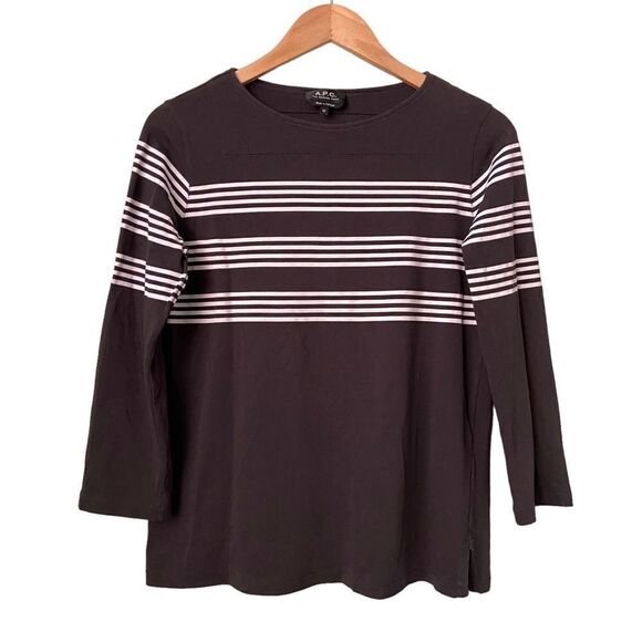 A.P.C Black Long Sleeve Shirt with White Horizontal Stripes Top in Size Medium - Picture 4 of 10